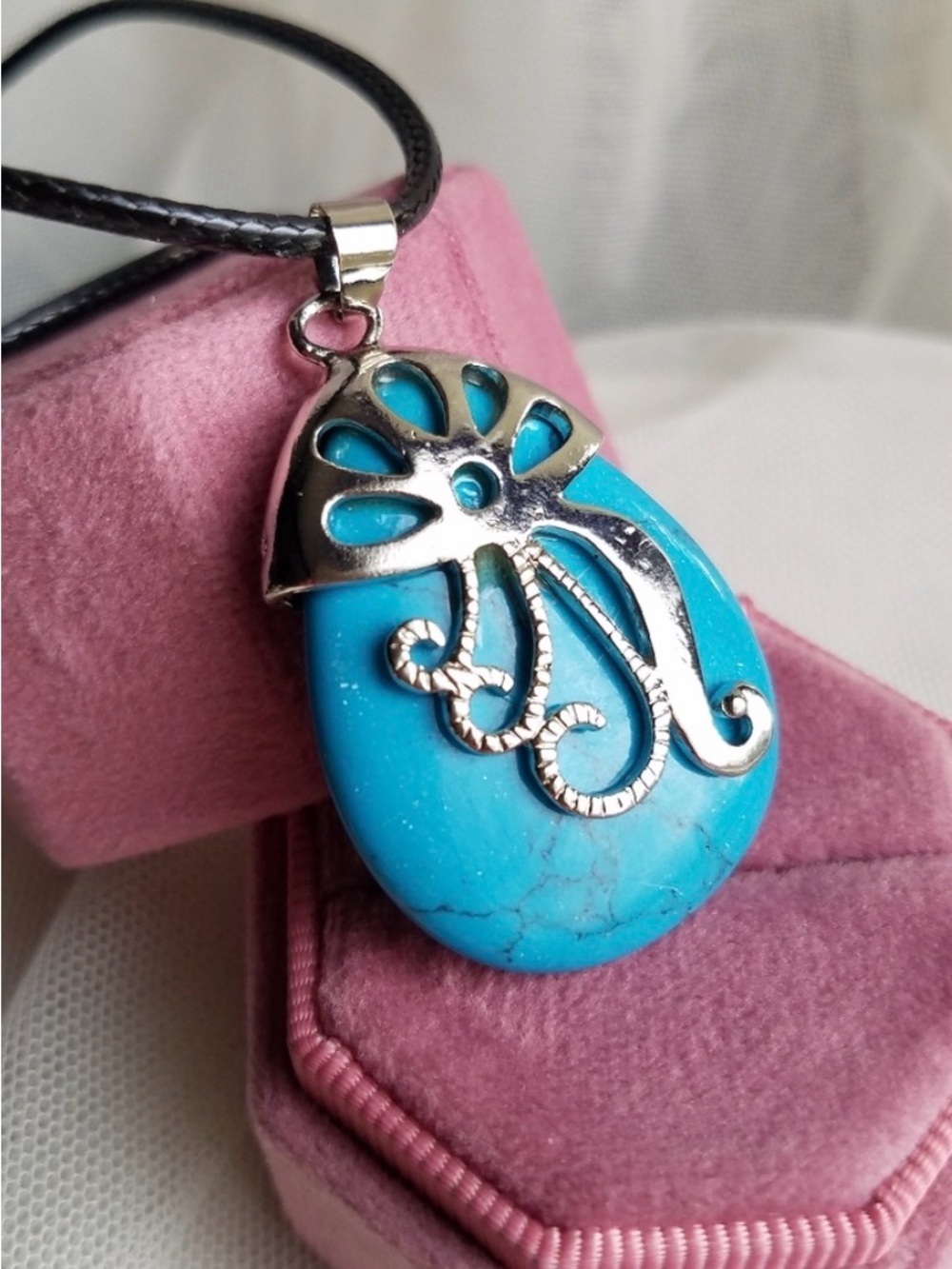 Large Turquoise Howlite Teardrop Gemstone Pendant Necklace on Black Cord NWT